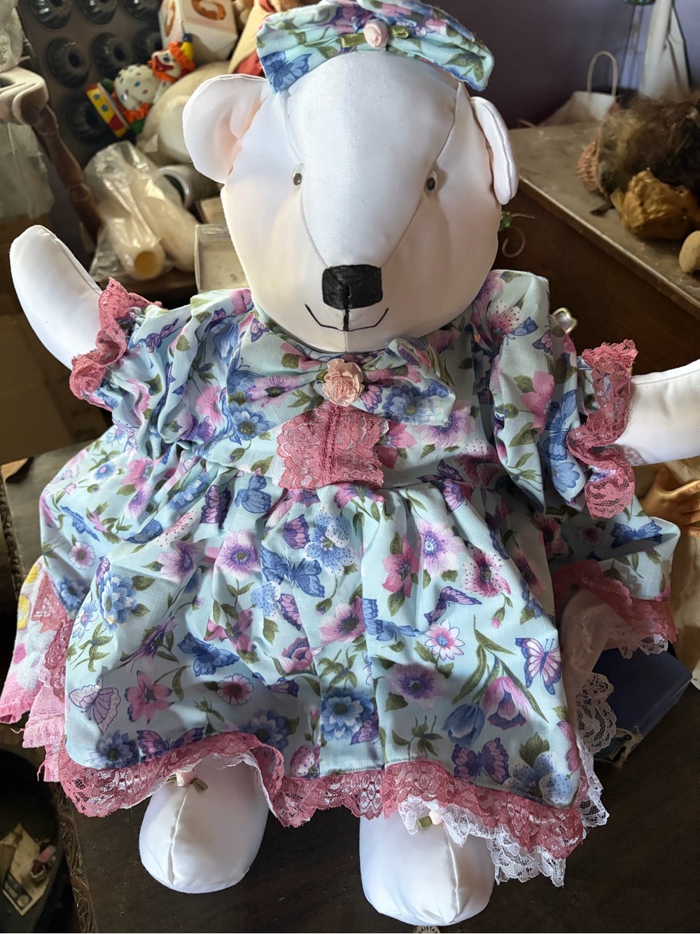 Plush Bear Doll in Floral Blue & Pink Dress - Cute Kids Toy